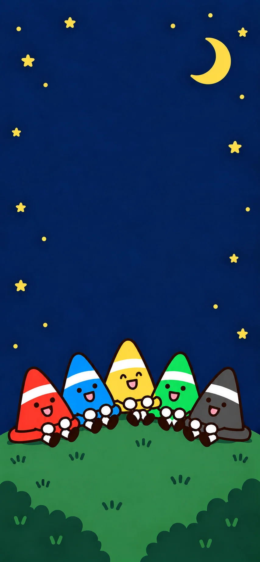 星空の下の丘に並んで座る5人のパイロンジャー